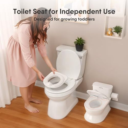 Detachable potty seat ring placed on adult toilet for transition