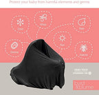 Black nursing shawl used as baby car seat cover