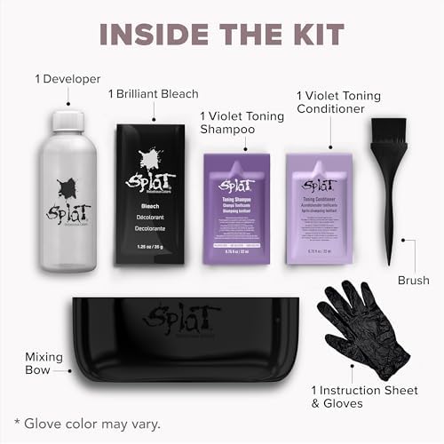 Splat purple toning shampoo and plant based protein conditioner bottles for neutralizing brassy yellow hair tones.