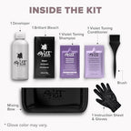 Splat purple toning shampoo and plant based protein conditioner bottles for neutralizing brassy yellow hair tones.
