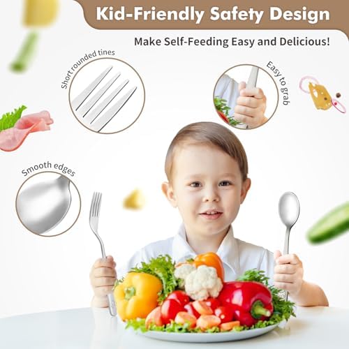 Toddler using ergonomic stainless steel fork and spoon