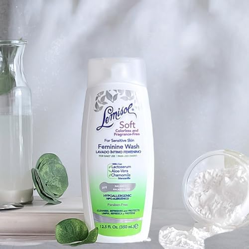 Close up of Lemisol Soft bottle packaging detailing sensitive skin benefits.