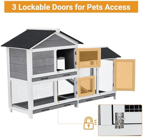 Garvee 63 in Bunny Hutch Indoor Bunny Cage, with 3 Leak-Proof Removable Trays, Wooden Waterproof Roof Rabbit Hutch Indoor/Outdoor, 2-Tier Bunny House/Chicken Coop, Gray and Black - Image 4