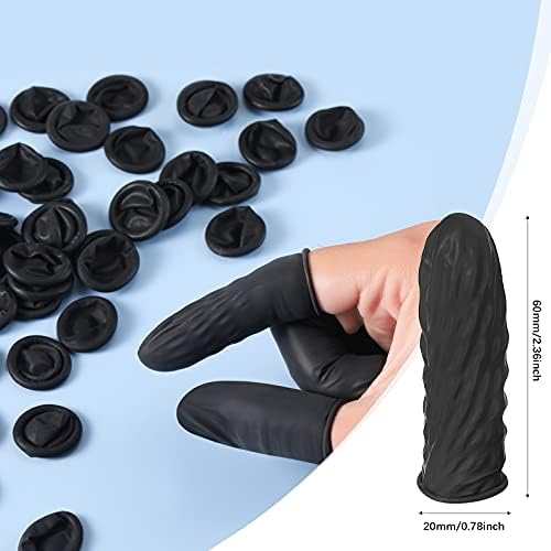 Close up view of a person wearing a black elastic finger sleeve protector for electronics repair.