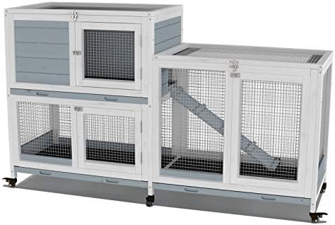GDLF Two Floors 58" Wooden Indoor Bunny Hutch Rabbit Cage on Wheels Guinea Pig PET House for Small to Medium Animals Waterproof No Leak Tray - Image 2
