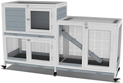 GDLF Two Floors 58" Wooden Indoor Bunny Hutch Rabbit Cage on Wheels Guinea Pig PET House for Small to Medium Animals Waterproof No Leak Tray - Image 2