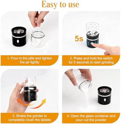 Portable pill grinder showing safety lock mechanism and durable blunt stainless steel blades