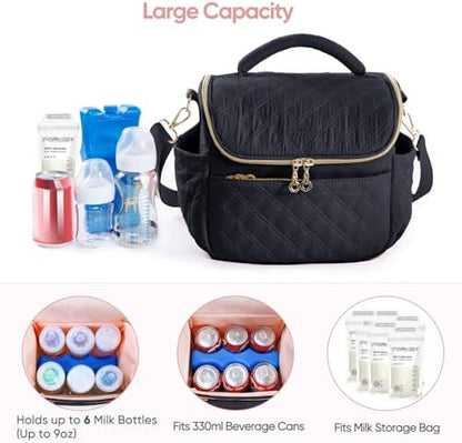 Sfybyheart insulated baby bottle bag showing internal storage capacity.