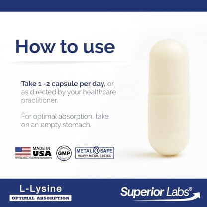 Superior Labs L-Lysine bottle dietary supplement details