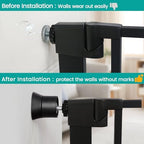 Adjustable safety gate extender protecting a wooden staircase wall from pet gate pressure damage