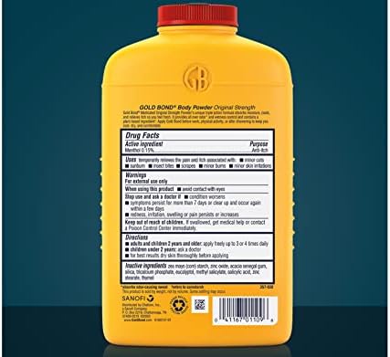 Back label of Gold Bond medicated body powder showing active menthol ingredients