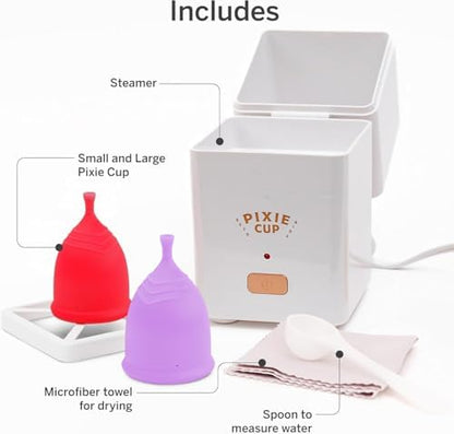 Pink and purple medical grade silicone menstrual cups with portable steam sterilizer