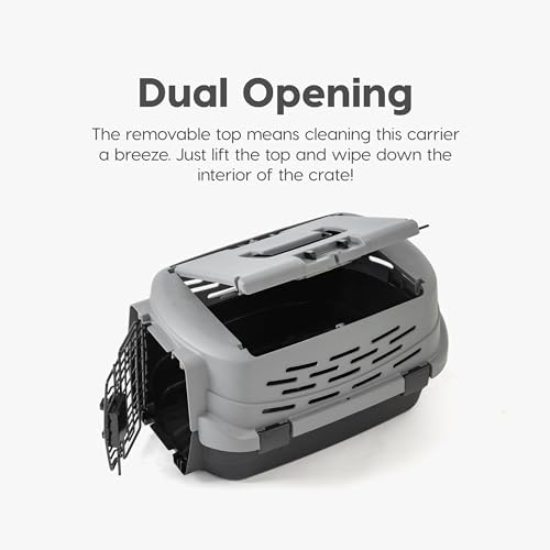 IRIS USA heavy-duty plastic pet crate showcasing the secure locking side buckles.