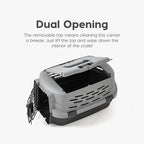 IRIS USA heavy-duty plastic pet crate showcasing the secure locking side buckles.