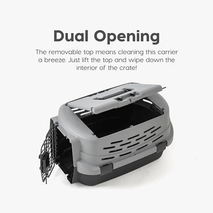 IRIS USA heavy-duty plastic pet crate showcasing the secure locking side buckles.