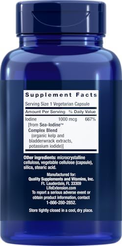 Life Extension natural iodine supplement bottle highlighting organic kelp and bladderwrack ingredients.