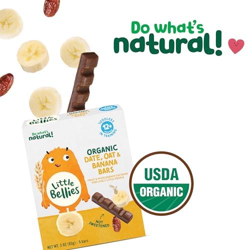 Side view of Little Bellies organic toddler bars highlighting ingredients and nutritional facts