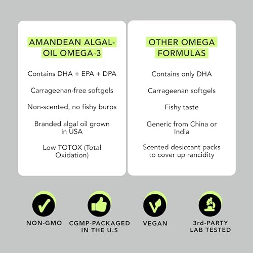 Amandean vegan omega 3 120 count bottle displayed with sustainable algae source highlights
