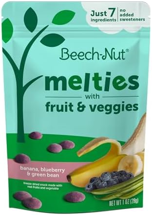 The round purple-toned banana blueberry and green bean melts displayed outside of their packaging.