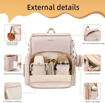 Vosmles travel diaper bag showing fifteen pockets and insulated bottle storage compartments