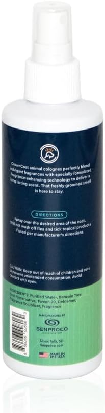 Long lasting dog and cat deodorant bottle showing fragrance details