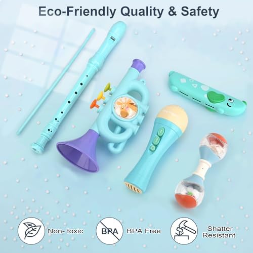 Vanplay toddler musical toy set showing details of the safe rounded edges on the flute and harmonica.