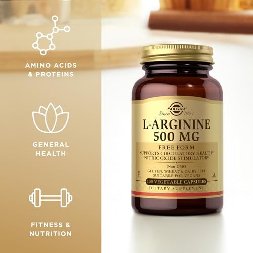 Solgar L-Arginine bottle displaying non-GMO and gluten-free dietary symbols