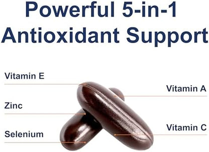 Close-up view of the easy-to-swallow premium antioxidant softgels on a white surface.