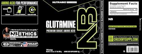 NutraBio Pure L-Glutamine Powder serving scoop and powder texture