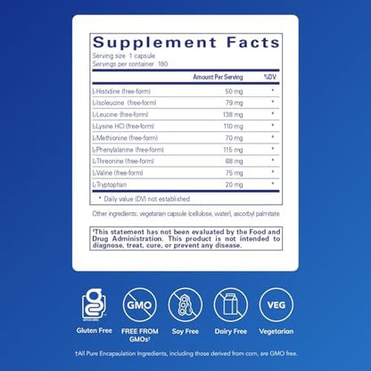 Essential amino acid supplement label showing 750mg capsule dosage and ingredient list.