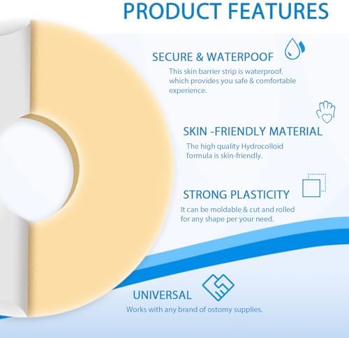 Hypoallergenic skin barrier rings for colostomy bags being stretched for a custom fit.
