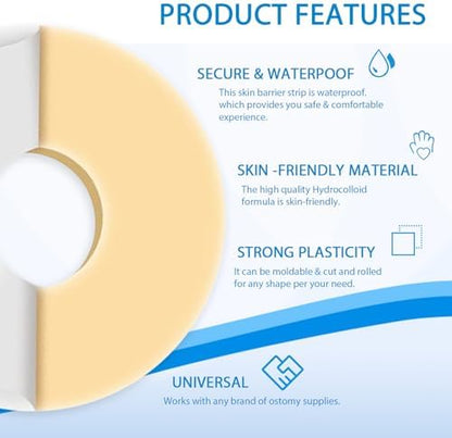 Hypoallergenic skin barrier rings for colostomy bags being stretched for a custom fit.