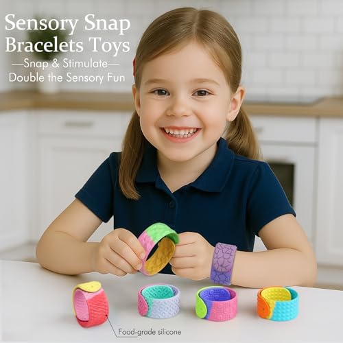 Close up of 6 piece silicone sensory bracelet set showing different textures