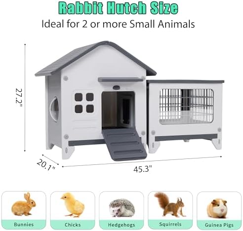 Rabbit Hutch Indoor & Outdoor with Extended Play Area, Plastic Rabbit Hutch with Sloped Roof Drainage, Panoramic Windows, Urine Barrier & Pull-Out Tray, Rabbit Cage with Run Easy to Clean and Assemble - Image 3