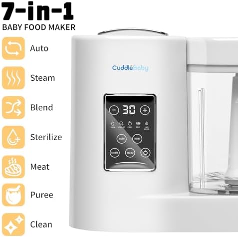 White CuddleeBaby infant food creator showing the anti-splash lid assembly