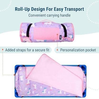 Wildkin preschool sleeping mat laid flat showcasing the vibrant non fade fabric patterns.