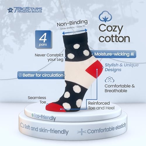 Close up of navy and red polka dot diabetic socks showing non-binding top.