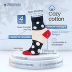 Close up of navy and red polka dot diabetic socks showing non-binding top.