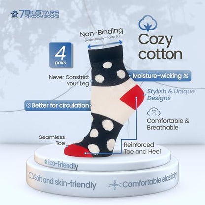Close up of navy and red polka dot diabetic socks showing non-binding top.