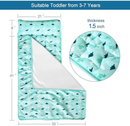 Premium kids sleeping bag rolled up securely with fastening straps and carrying handle.
