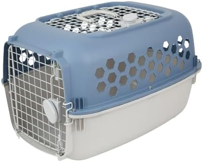 Two door top load plastic pet carrier overhead view showing latches