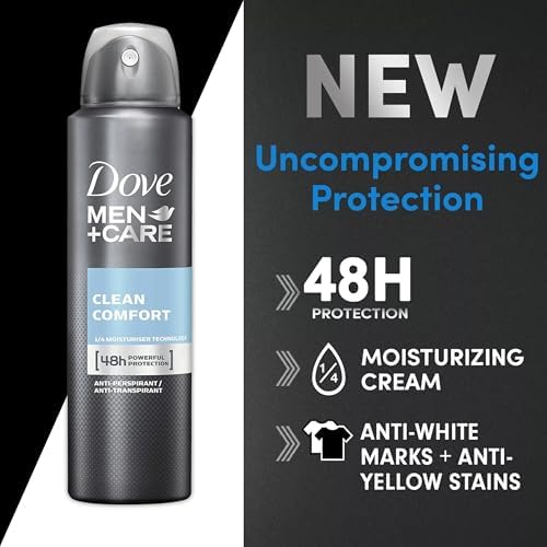 Side angle view of Dove Men Care clean comfort deodorant spray highlight the zero percent alcohol and dry formula claim