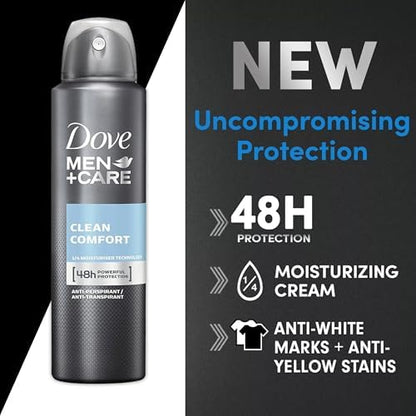 Side angle view of Dove Men Care clean comfort deodorant spray highlight the zero percent alcohol and dry formula claim