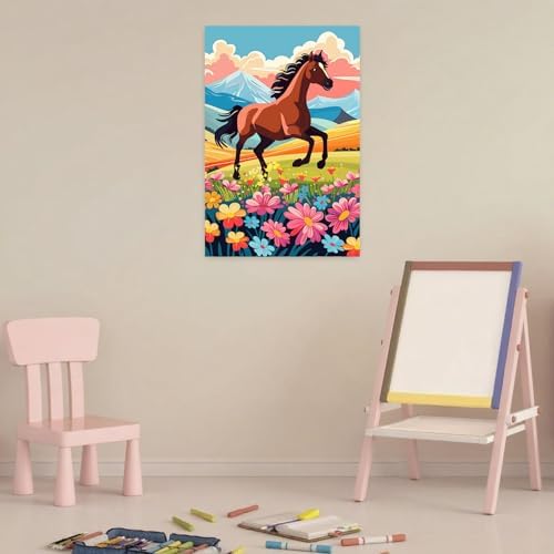 Completed horse painting by numbers artwork hung as kids bedroom wall decor