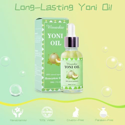 Natural peach scented yoni oil for women highlighting 100% organic ingredients.