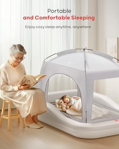 QPAU toddler travel mattress showing electric air pump connection to three in one valve