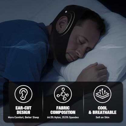 Side view of anti-snoring chin strap with ear holes for comfort