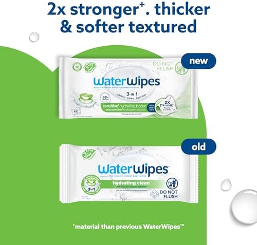 Thicker and softer unscented WaterWipes hydrating boost wet wipe being pulled from the single pack