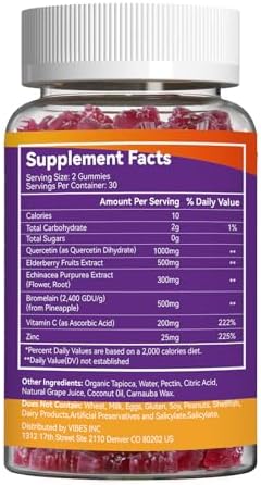 Vegan quercetin supplement with bromelain and zinc ingredients panel