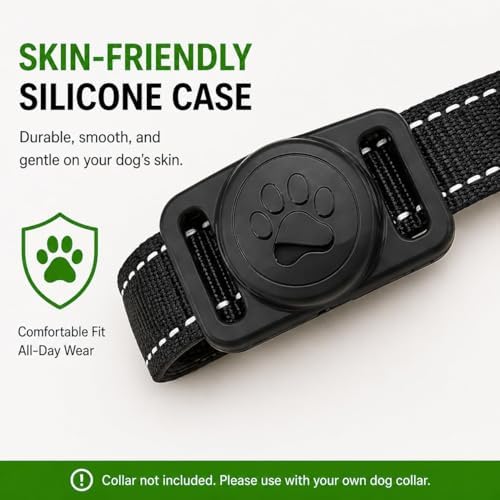 Universal fit smart pet tag resting comfortably on a large breed dog collar.